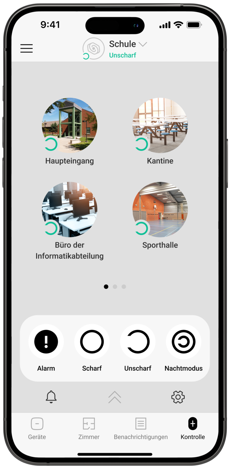Ajax App auf dem Smartphone mit Raumübersicht und Steuerung der Alarmanlage