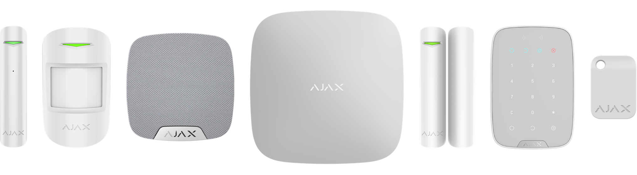 Komponenten des Ajax Alarmsystems: Hub, Bedienteil, Melder, Sirene und Fernbedienung