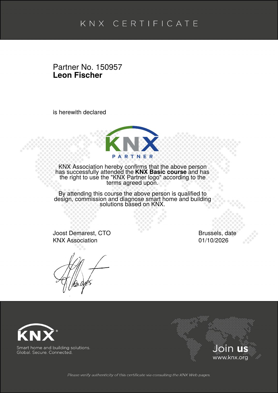 KNX Partner Zertifikat von Leon Fischer (KNX Basic Course)