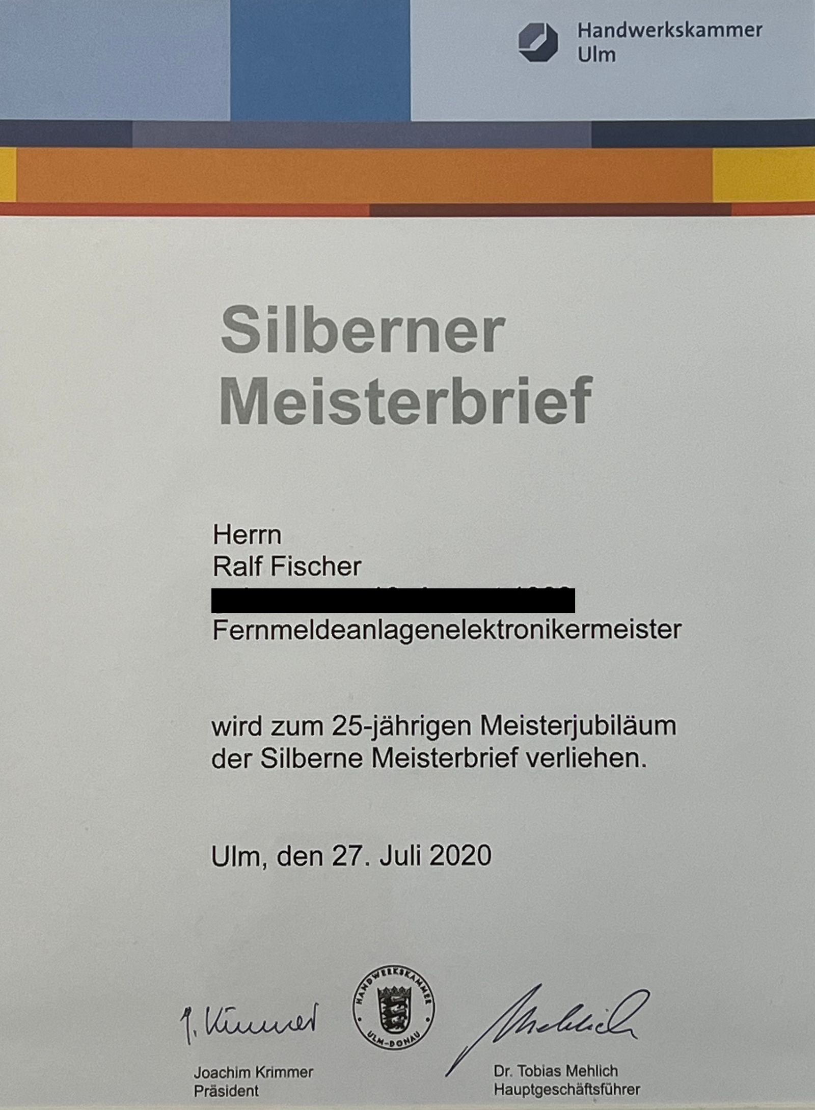Silberner Meisterbrief von Ralf Fischer